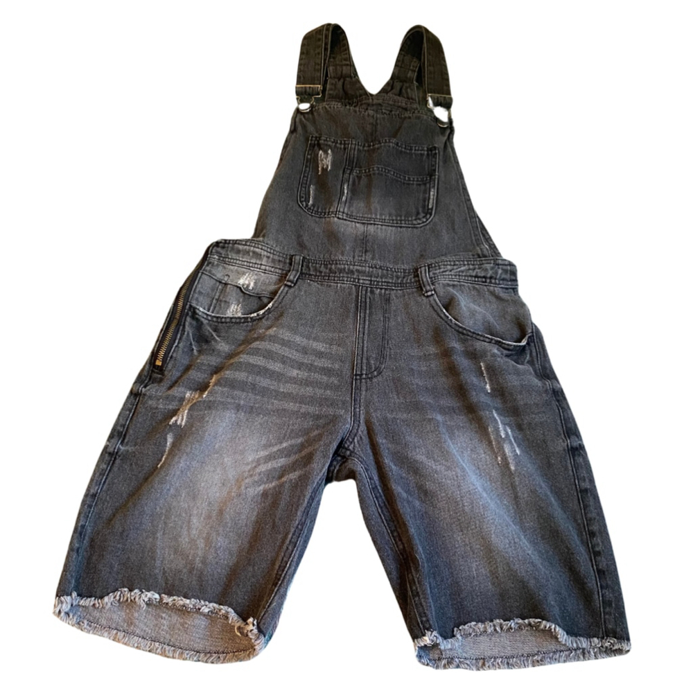 Distressed Grey Black Denim Taw Hem Bermuda Length Overalls S Punk Grunge Skater